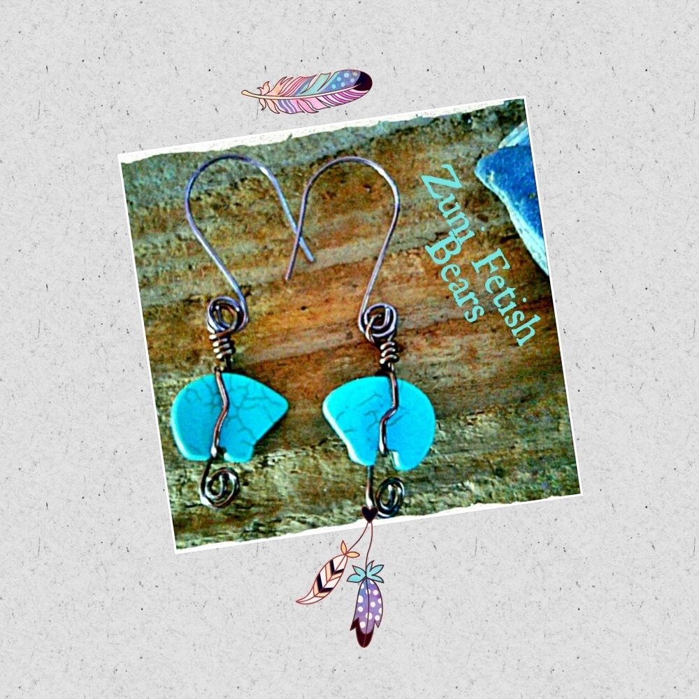 Howlite Turquoise Zuni Fetish Bear Earrings - Picture 1 of 5